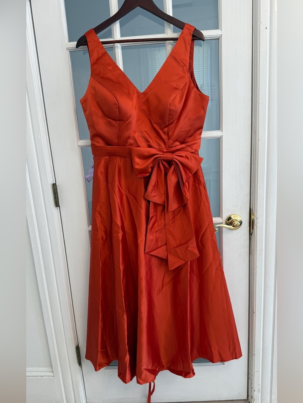 MISS VEIL Women's Burnt Orange Satin Sleeveless V-Neck Bow Midi Formal Dress NEW